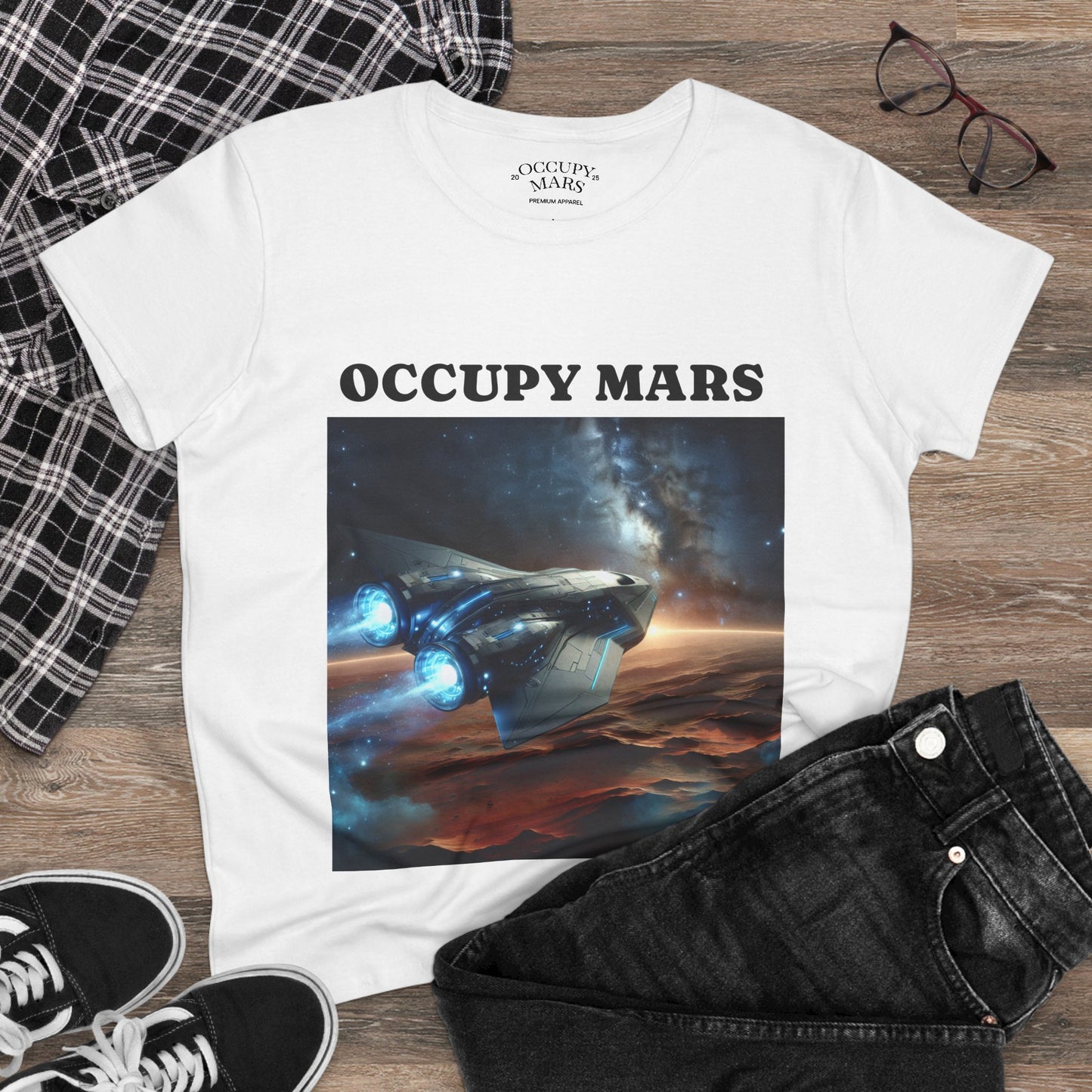 Women's Space-Themed Graphic Occupy Mars Apparel Tee, Casual Shirt, Gift for Space Lovers, Sci-Fi Fashion,