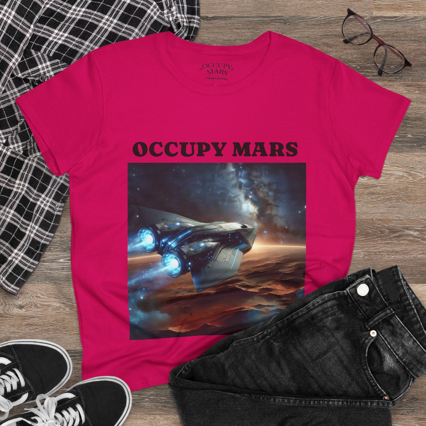 Women's Space-Themed Graphic Occupy Mars Apparel Tee, Casual Shirt, Gift for Space Lovers, Sci-Fi Fashion,