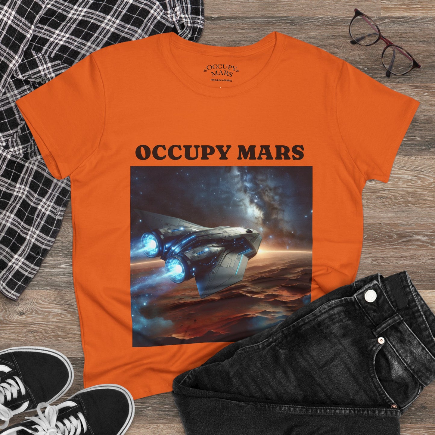 Women's Space-Themed Graphic Occupy Mars Apparel Tee, Casual Shirt, Gift for Space Lovers, Sci-Fi Fashion,