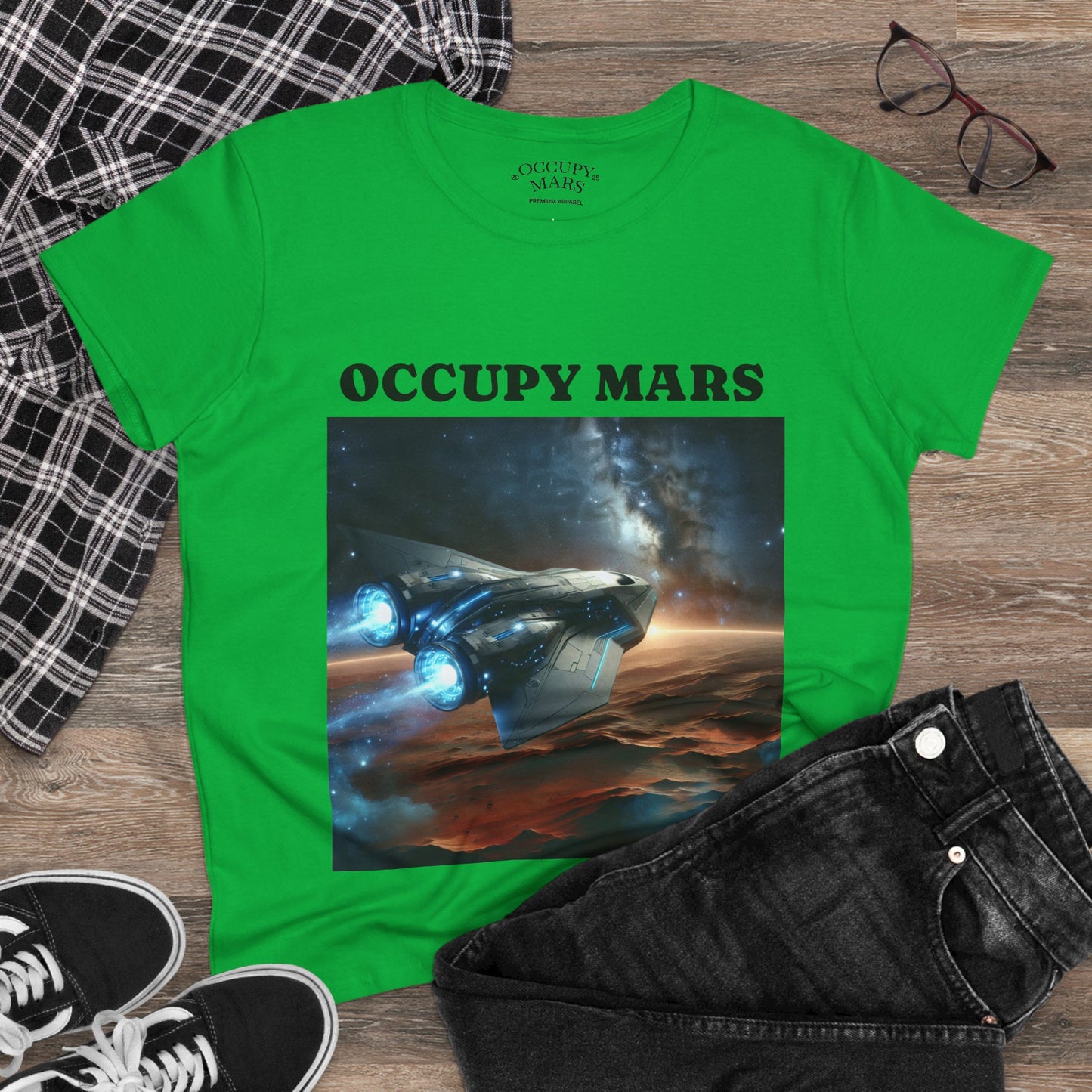 Women's Space-Themed Graphic Occupy Mars Apparel Tee, Casual Shirt, Gift for Space Lovers, Sci-Fi Fashion,