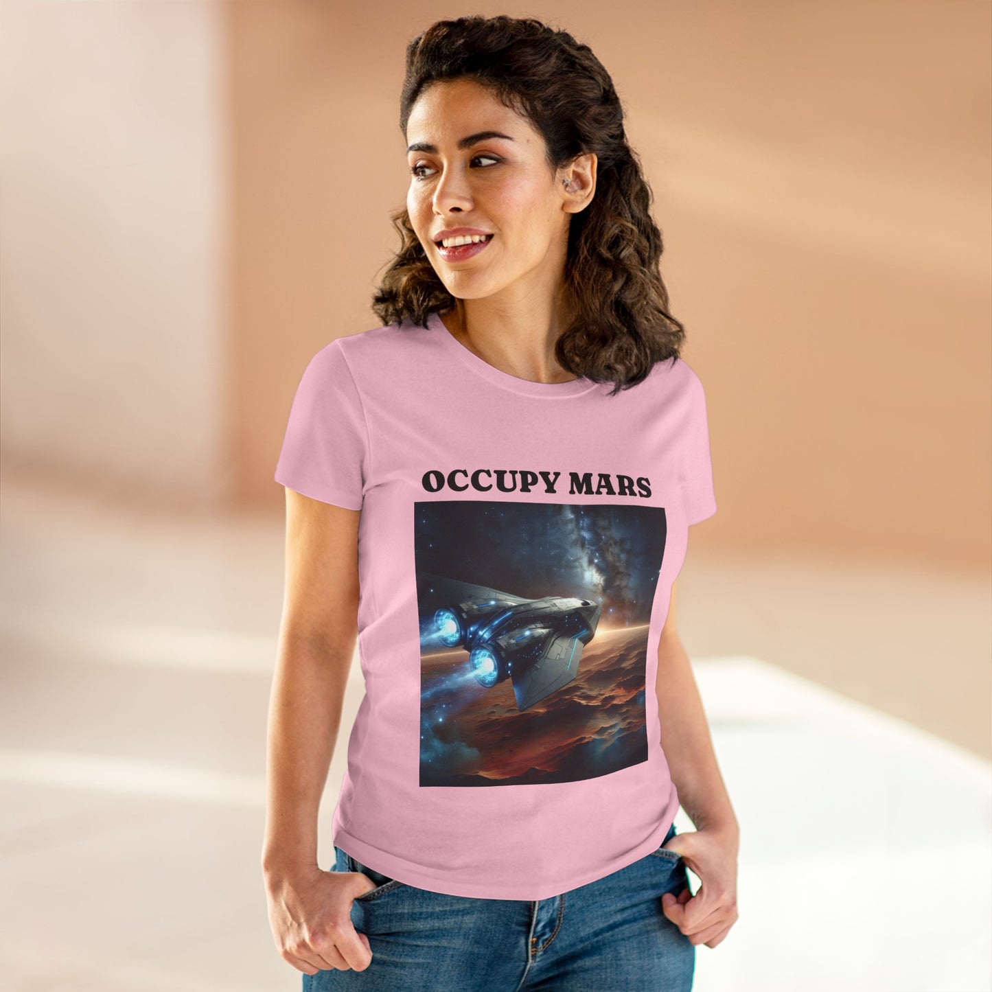 Women's Space-Themed Graphic Occupy Mars Apparel Tee, Casual Shirt, Gift for Space Lovers, Sci-Fi Fashion,