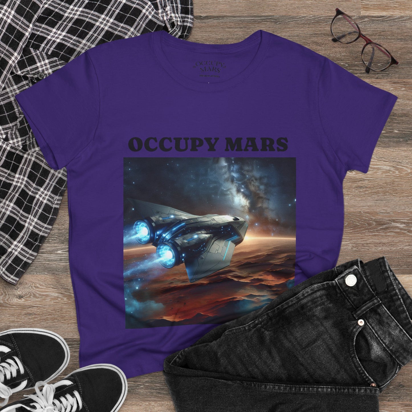 Women's Space-Themed Graphic Occupy Mars Apparel Tee, Casual Shirt, Gift for Space Lovers, Sci-Fi Fashion,
