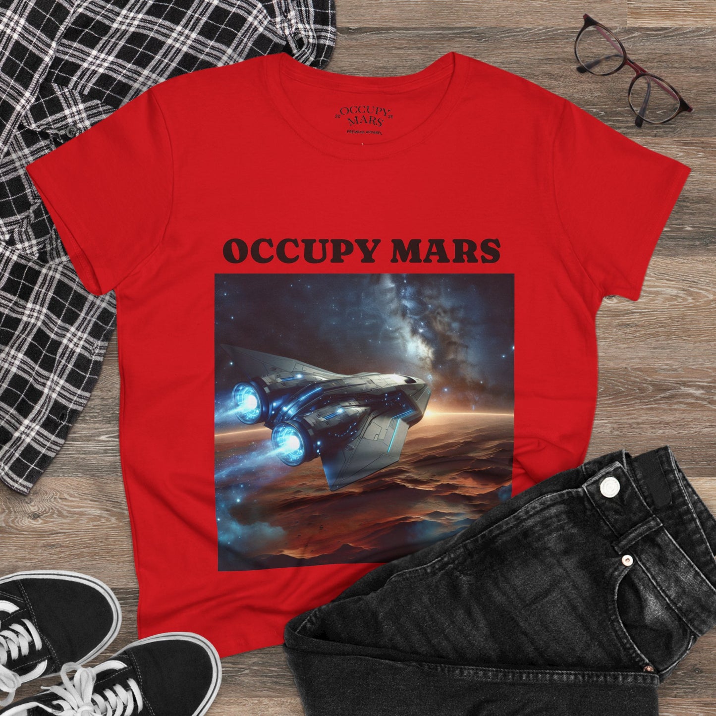 Women's Space-Themed Graphic Occupy Mars Apparel Tee, Casual Shirt, Gift for Space Lovers, Sci-Fi Fashion,