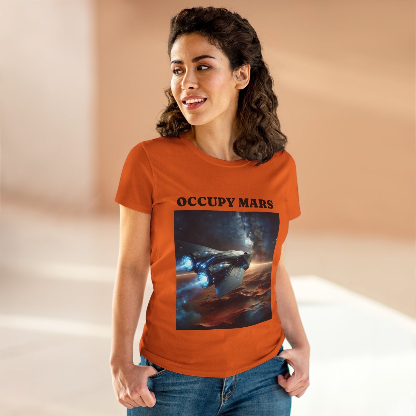 Women's Space-Themed Graphic Occupy Mars Apparel Tee, Casual Shirt, Gift for Space Lovers, Sci-Fi Fashion,