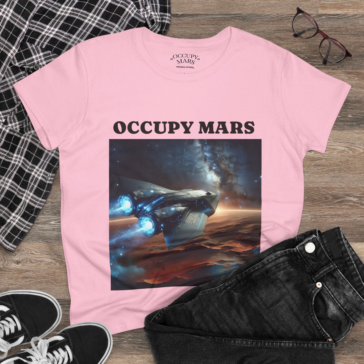 Women's Space-Themed Graphic Occupy Mars Apparel Tee, Casual Shirt, Gift for Space Lovers, Sci-Fi Fashion,