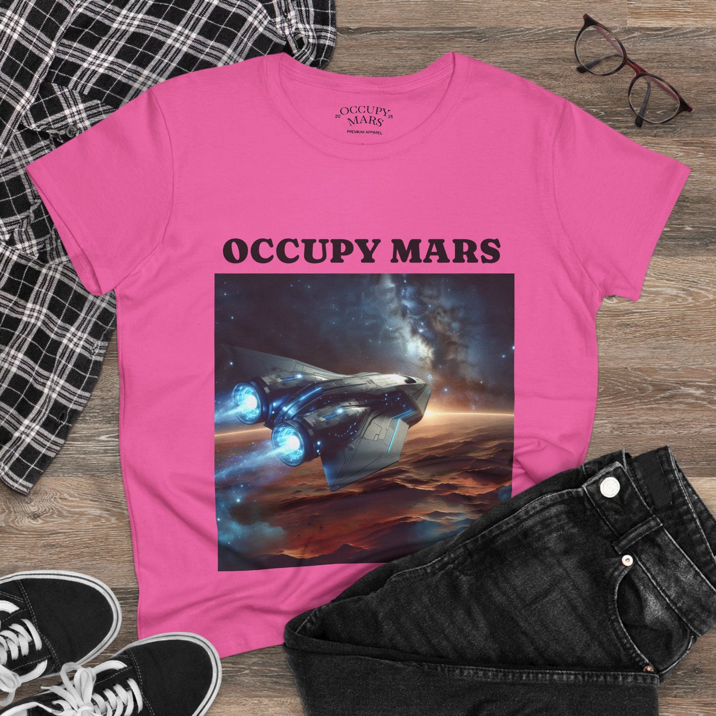 Women's Space-Themed Graphic Occupy Mars Apparel Tee, Casual Shirt, Gift for Space Lovers, Sci-Fi Fashion,