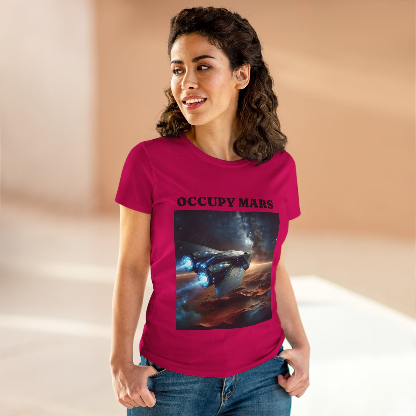 Women's Space-Themed Graphic Occupy Mars Apparel Tee, Casual Shirt, Gift for Space Lovers, Sci-Fi Fashion,