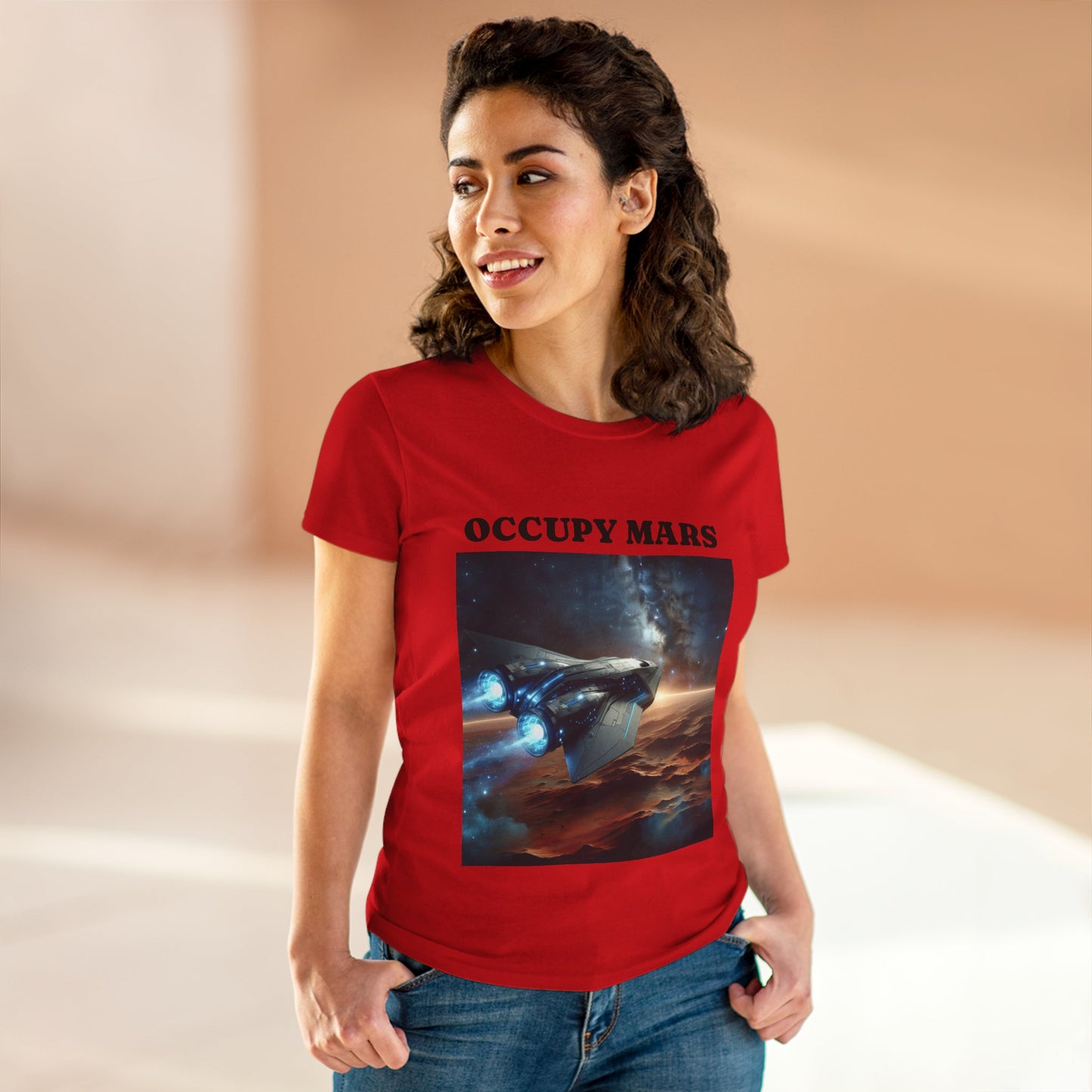 Women's Space-Themed Graphic Occupy Mars Apparel Tee, Casual Shirt, Gift for Space Lovers, Sci-Fi Fashion,